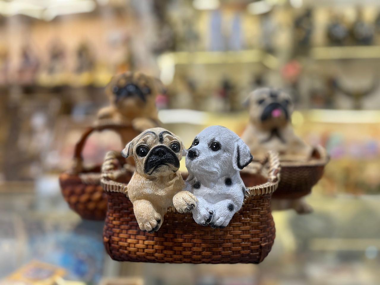Puppy Friends Basket Statue – Cute Pug & Dalmatian Dog Showpiece