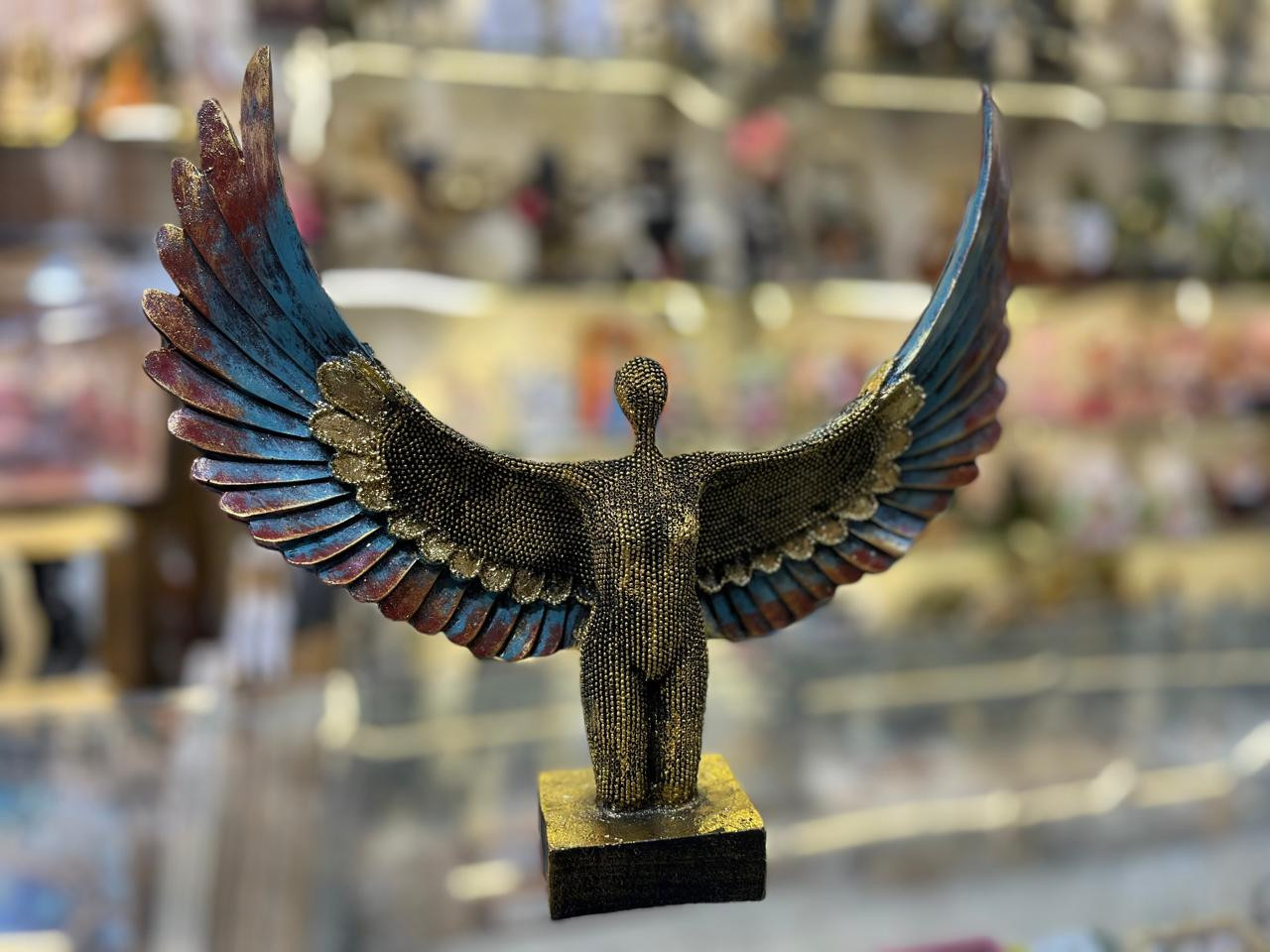 Winged Freedom Angel Statue – Antique Gold & Teal Abstract Showpiece