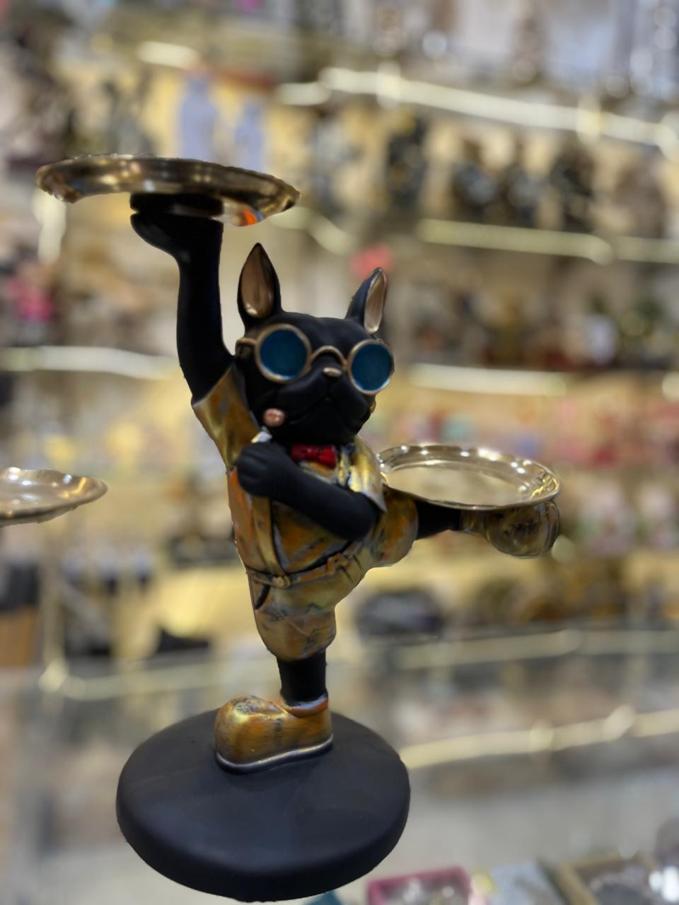 Kung Fu Waiter Bulldog Statue – Double Tray Holder Dog Showpiece