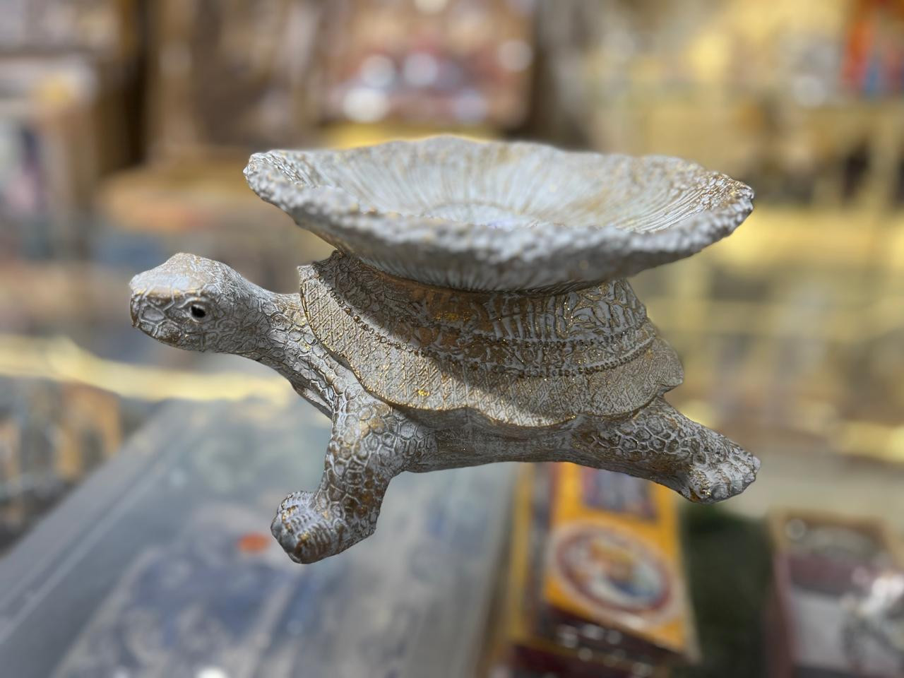 Tortoise with Bowl Statue – Distressed White Gold Vastu Utility Showpiece