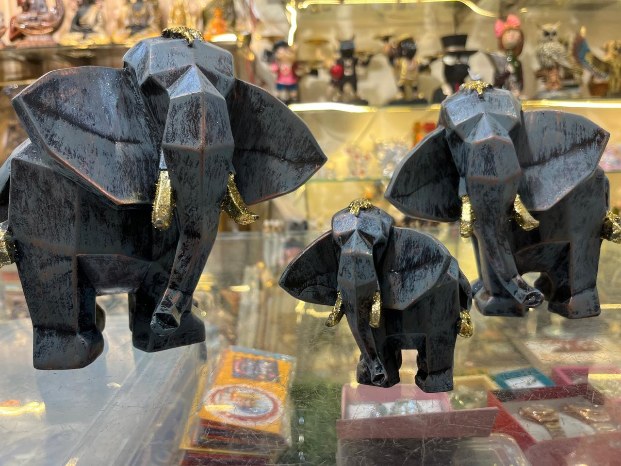 Geometric Elephant Family Set of 3 – Blue-Grey & Gold Vastu Showpiece