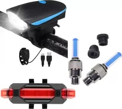Bicycle Set of LED Front Light with LED Tail Light and Valve Lights with Motion Sensor (Pack of 4 Lights, Multicolor)