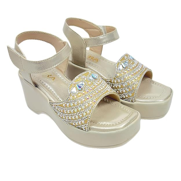 Stylish Synthetic Girls Sandals | Crystal Embellished Front Strap with Ankle Strap | Comfortable Wedge Heel | Secure & Stylish Fit | Elegant Footwear for Kids