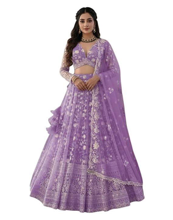 Embroidered Net Lehenga Choli for Women and Girls | Floral Thread Work Ethnic Wedding Outfit Ghagra Choli with Dupatta