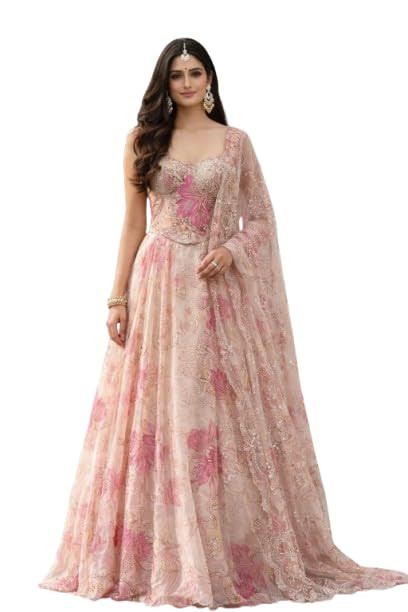 Designer Corset Lehenga Set For Women Jimmy Organza Digital Print With Embroidered Blouse Dupatta And Batwa Bag Creem Colour