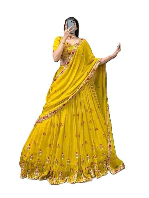 Yellow Embroidered Semi Stitched Lehenga Choli with Dupatta for Women | Heavy Floral Thread & Sequence Work | Wedding, Haldi, Festive Designer Ethnic Outfit | (Free size)