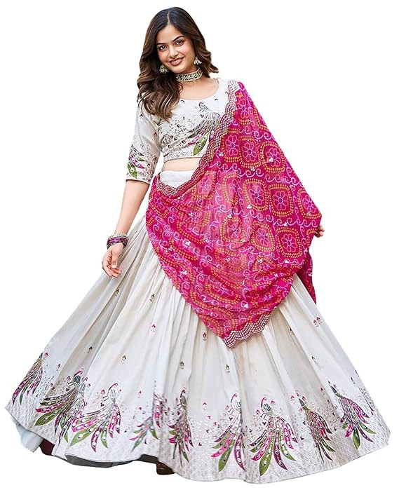 KEDARFAB Women's Chinnon Traditional Motiff Semi-Stitched Lehenga Choli With Bandhani Dupatta Set (Peacock)