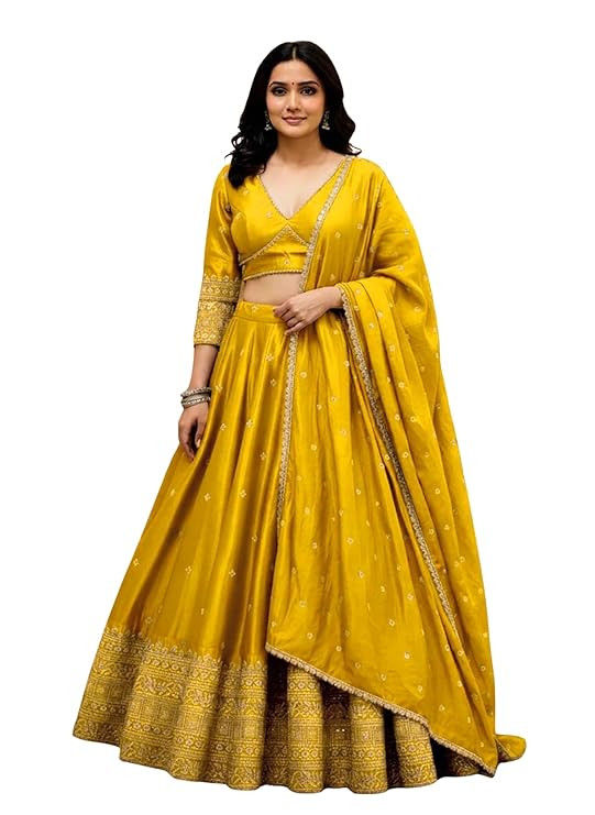 KEDARFAB Women's Chinnon Sequins Embroidered Semi-Stitched Lehenga Choli With Dupatta Set