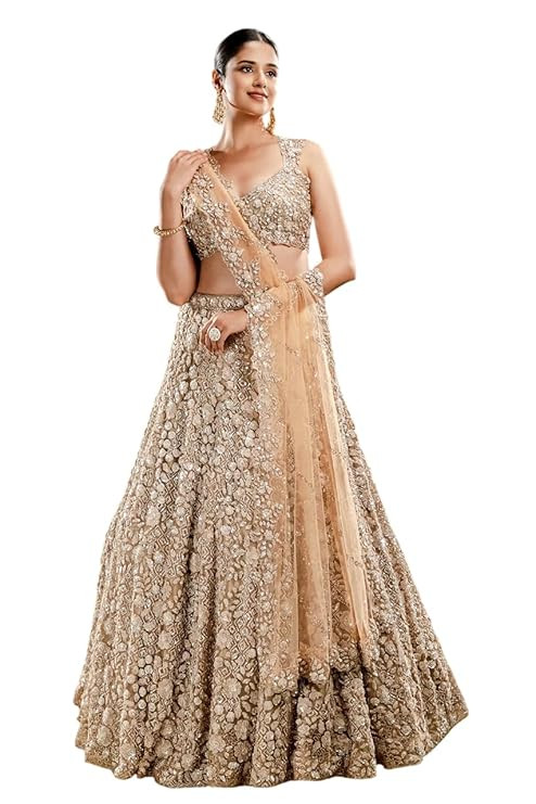 Woman's Gold Sequins Embroidered Net LehengaPattern