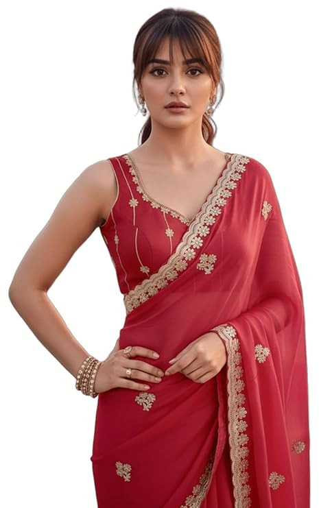 Glory Sarees Women’s Georgette Gold Foil Cording Embroidery Work Saree With Blouse Piece (Foil_Embroidery1_Parent)