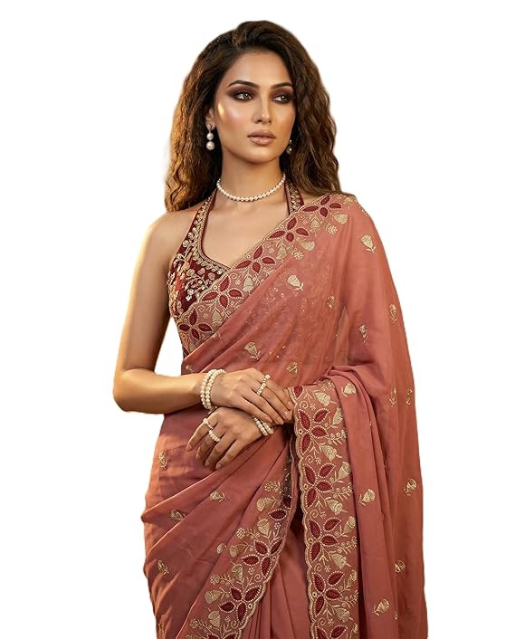 Embroidered Georgette Saree for Women with Designer Blouse Piece | Soft Lightweight Fabric with Floral Thread Work Border | Traditional Saree for Festive, Wedding & Daily Wear