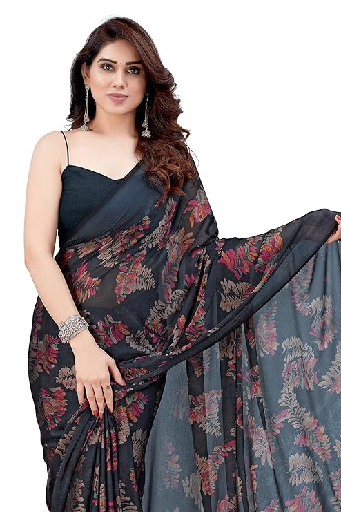 MIRCHI FASHION Saree for Woman Chiffon Leaf Printed | Lightweight Daily Wear Comfortable Women's Sari with Blouse Piece (Available in 30 Styles)
