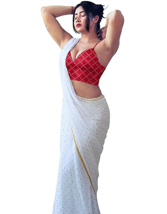 Women's Golden Foil Beaded Polka Dot Chiffon Saree With Unstitched Embroidery Blouse Piece red