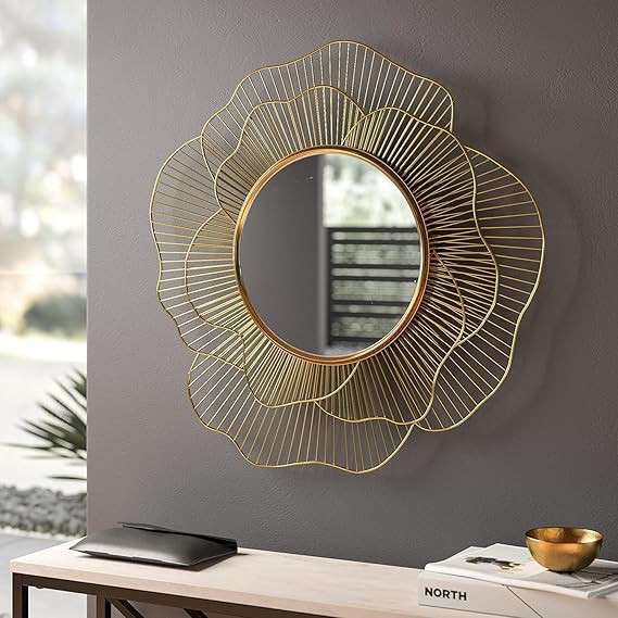 Artemade Iron Decorative Mirror Wall Mounted Hanging Sculpture | Metal Golden Rose Design Modern Art Mirror | Framed Home Decor Accent for Living Room, Bedroom, Hallway & Entrances (Artistic, Framed)