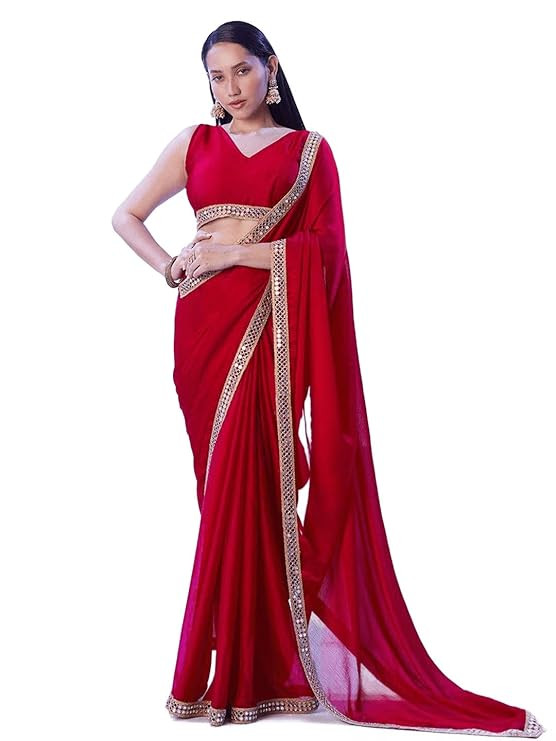MSRETAILSolid Bollywood ChiffonSaree | Elegant Red MirrorWork Traditional Drape forWomen | LightweightSoft Fabric Ethnic Attire