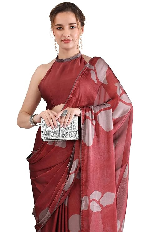 MIRCHI FASHION Women Saree | Chiffon Geometric Printed Modern Ethnic Sari with Blouse Piece