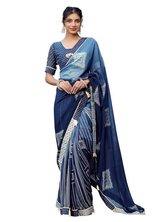 Satrani Women's Chiffon Printed Saree with Unstitched Blouse Piece