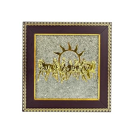 INAYA CRYSTAL Pyrite Stone Frame with Vastu Seven Running Horses with Sun to Attract Money, Protection and Chakra Healing - Wooden Photo Frame Wall Decor Items for Living Room with Original Pyrite Dust for Money Success
