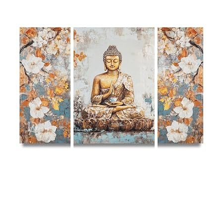 DAKSHESTRY ARTWORKS- 3 Pieces Portrait Of Buddha Wall Painting Fitted With Wooden Frame For Home | Office | Living Room | Gifts Size 12 X 18