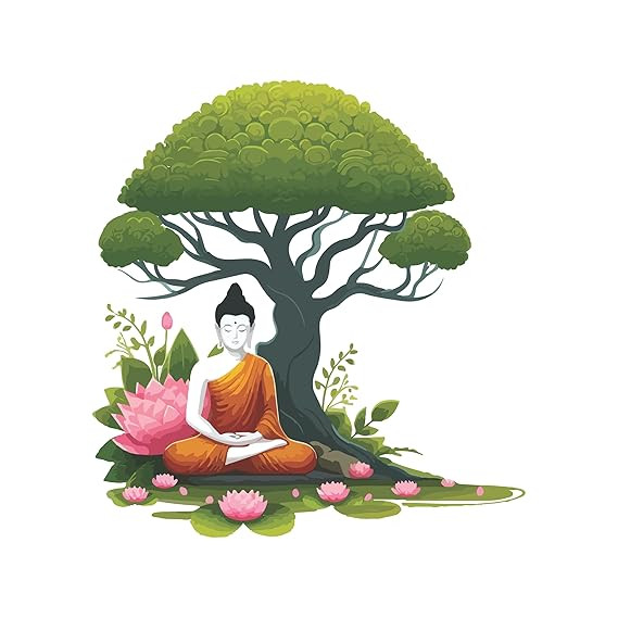Creative Edge Gautam Buddha Sitting Under Bodhi Tree with Lotus Flower Wall Sticker Multicolor Decorative Peel and Stick Vinyl Wall Art for Home Living Room Bedroom (56 Cm X 61 Cm)