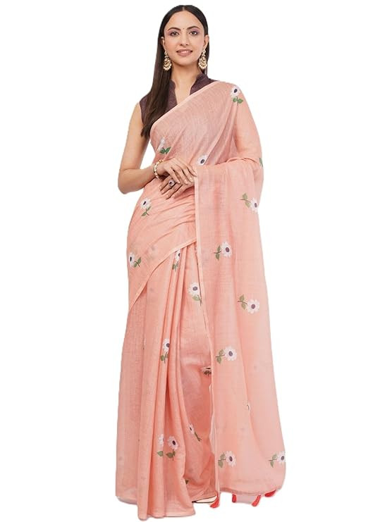SAMANTHA Womens Printed Linen Saree With Unstitched Blouse Piece