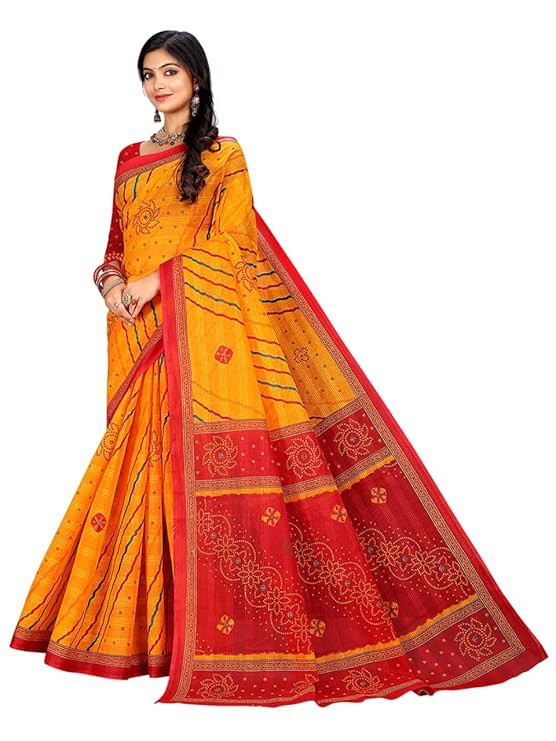 RATAN Pure Cotton Bandhani Printed Saree with Blouse Piece & Swarovski Work |Traditional Ethnic Saree for Women