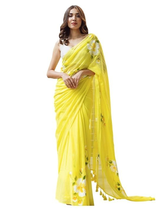 Rajeshwar Fashion (Women's Linen Cotton saree with digital floral print and latkan work | casual wear | Linen cotton | flower design | Unstitched blouse |Lotus