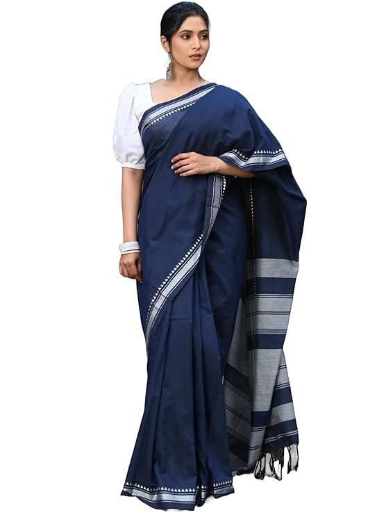 Womens Cotton Blend Handloom Khadi Small Border Saree With Unstitched Blouse Pices By Saptak Fashion 5.5M Saree & 0.8M Cotton Blouse Pices.