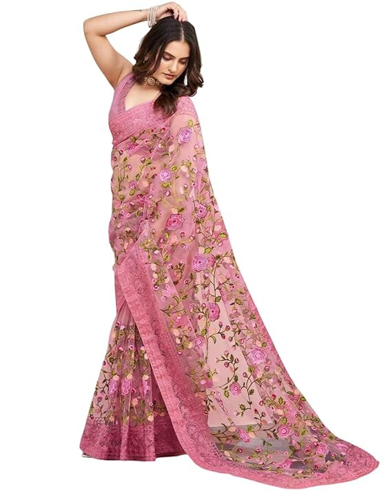 JULEE Womens Graceful Embroidery Net Saree With Mono Banglory Blouse