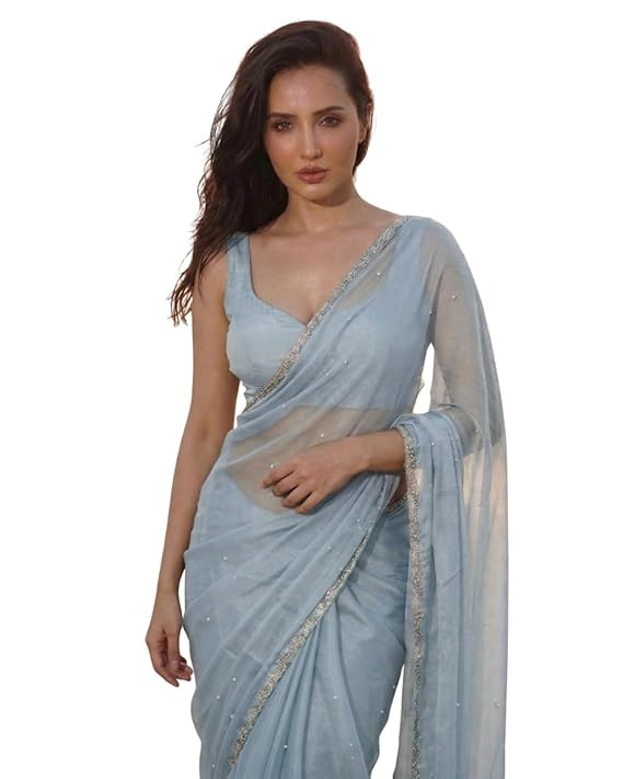Women’s Net Saree with Lace & Pearl Work Designer Net Saree Elegant Saree for Women