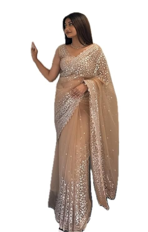 Vinayak Textile Women's Brown Net Sequence Worked Saree With Unstitched Blouse (Soneri A3)
