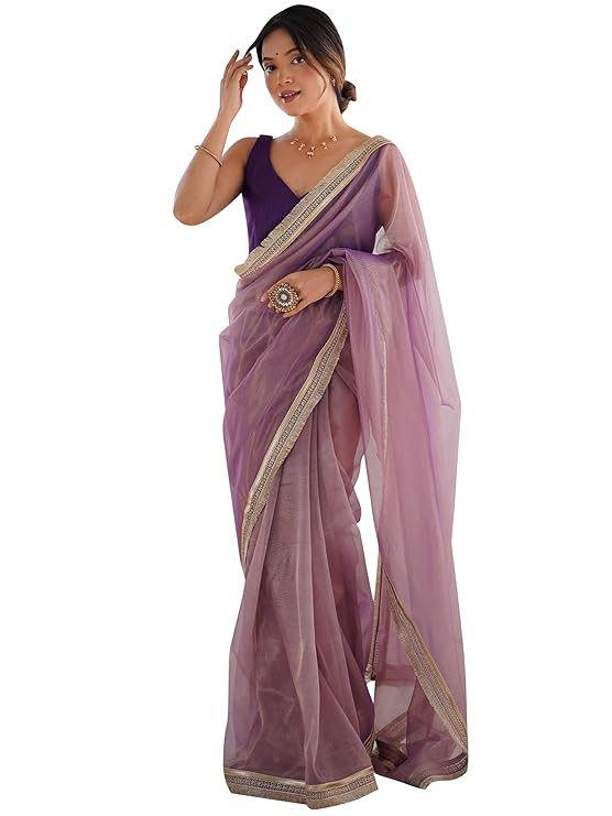 AKHILAM Women's Shimmer Net Solid Saree With Unstitched Blouse Piece