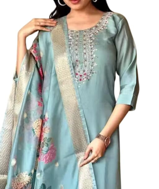 Women's Chanderi Silk Kurti with Rayon Slub Pants & Dupatta | Printed Three-Quarter Sleeve Ethnic Set 1 Pista