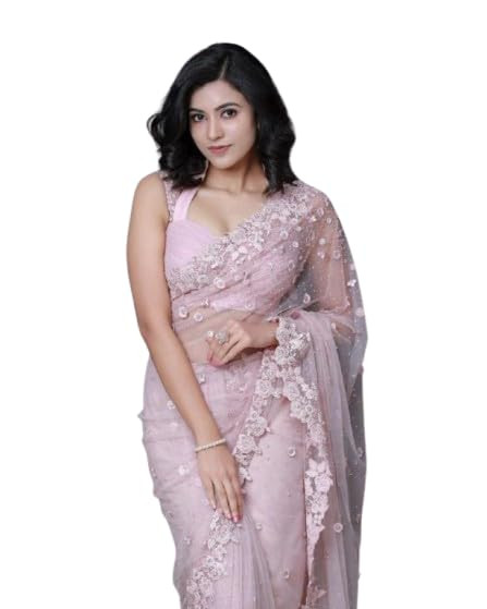 Soft Net Embroidered Saree for Women with Floral Thread & Pearl Work – Elegant Party Wedding Saree with Blouse Piece (Baby Pink)