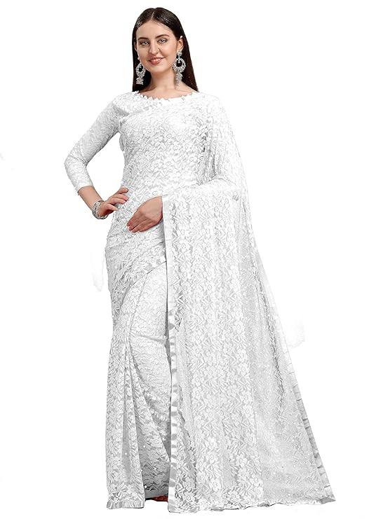 Lorofy Women's Net Saree With Blouse (White)