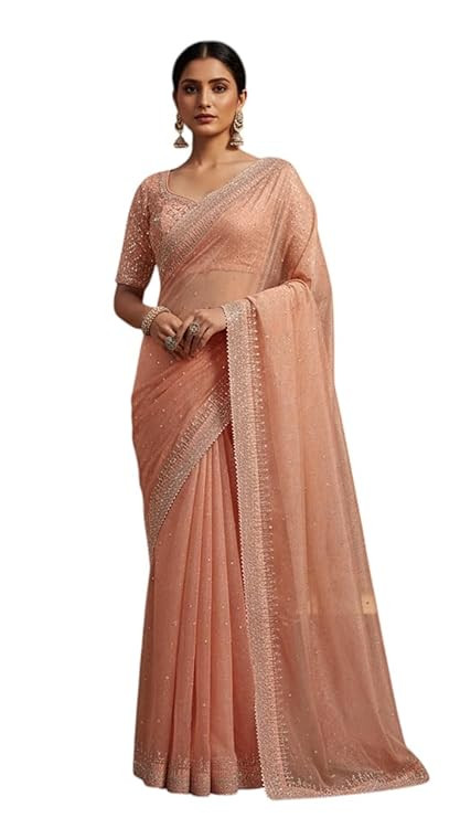 Sudev Fashion Fancy Pure Twill Net Fabric Swarosvski Work Saree | Unstitched Blouse with Diamond Work Border | Saree for Wedding, Festivals, Marriage, Gatherings (5.5 M Saree with 0.8 M Blouse Piece)
