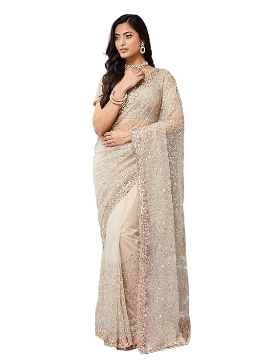 KASEE Women's Champagne Gold Net Saree with All-Over Embroidery and Embellished Border