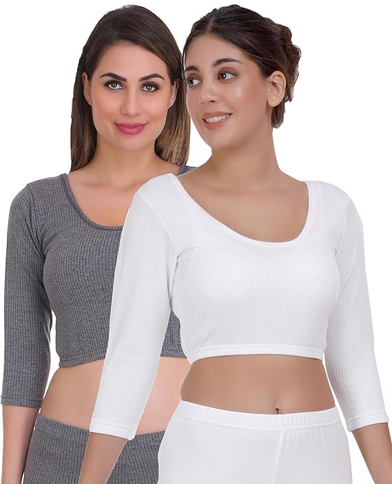 Selfcare Pack of 2 Womens Solid 3/4 Sleeve Thermal Crop Tops