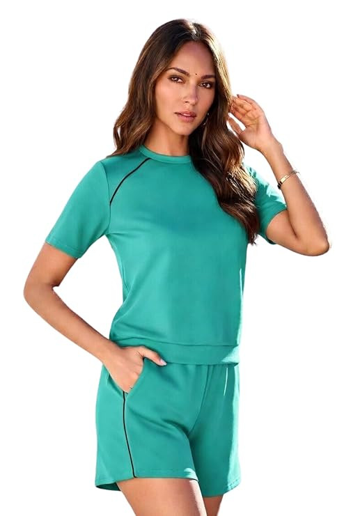 Women Solid Co-Ord Set | T-Shirt & Shorts Combo | Quick Dry Polyester | Stretchable Summer Outfit | Casual, Gym & Lounge Wear for Women