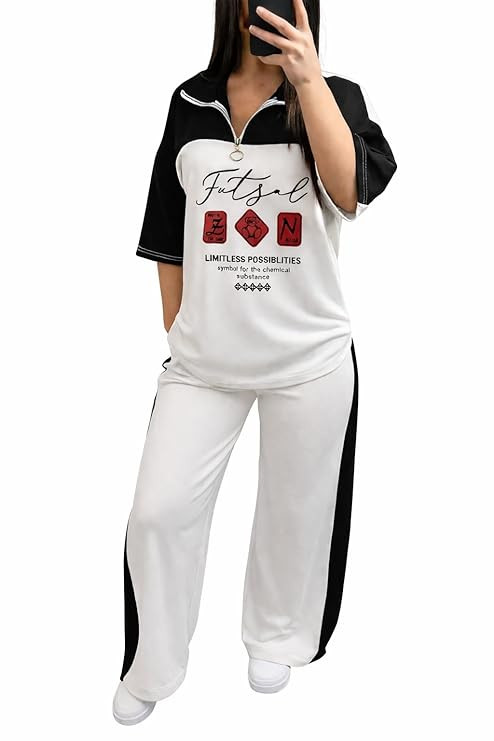 Women Casual Two Piece Outfit Half Zip Short Sleeve Top & Loose Wide Leg Pants Co-Ord Set Lounge Wear