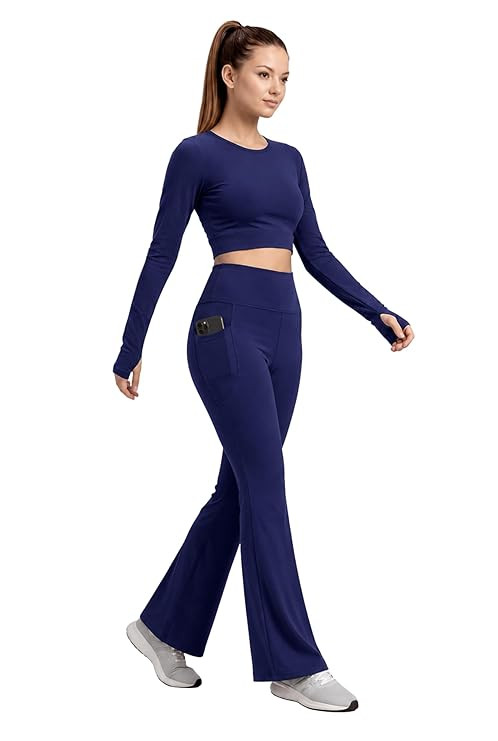 PINAAK FASHION Women’s Yoga Co-Ord Set | Full Sleeve Crop Top & Flared High Waist Yoga Pants with Pocket | Thumb Hole Sleeves | Bell Bottom Gym Wear Activewear Tracksuit for Workout, Running & Lounge