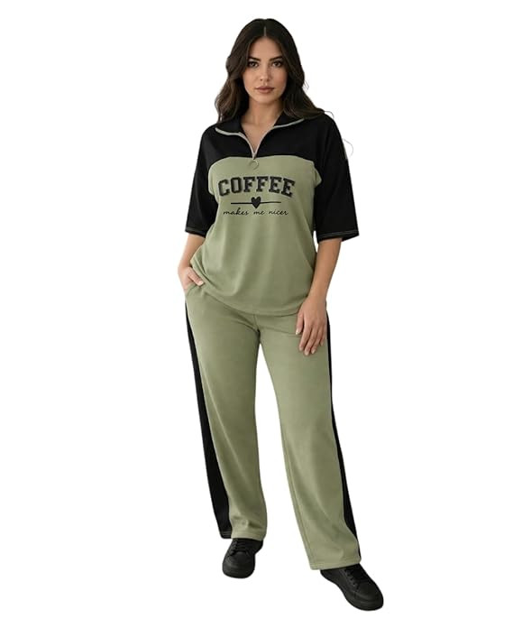 Women's Print Half-Zip Co-ord Set, Color Block, Graphic Print Top with Pants, Casual Loungewear