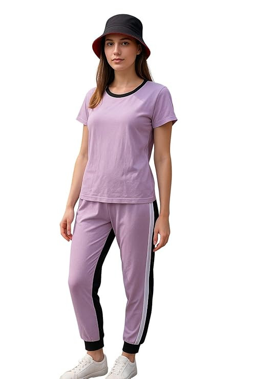 SXV STYLE Women's Athletic Tracksuit Set, Lilac with Black Trim, Cotton Blend, Short Sleeve Top and Joggers, Plus Size