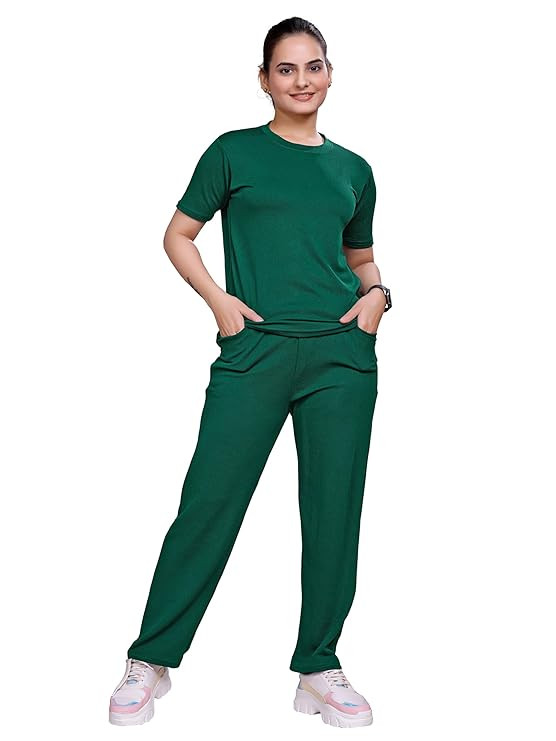 Women's Printed Polyester NightSuit Set, Lightweight Stretchable Night Suit and Gym Outfit with Side Pockets
