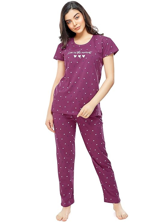 ZEYO Women's Cotton Star & Dot Printed Night Suit Set of Top & Pajama Set 5300 (Available in Plus Size)