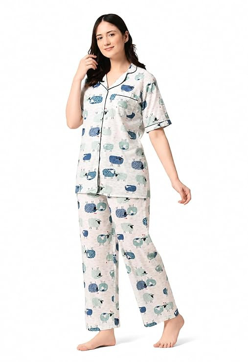 AO Services Women's Cotton Nightsuit Set| Half Sleeve Notch Collar Shirt & Full Pant | Cartoon Animal Print Nightwear | Soft Comfortable Loungewear | Gift for Girls Ladies | Summer Sleepwear