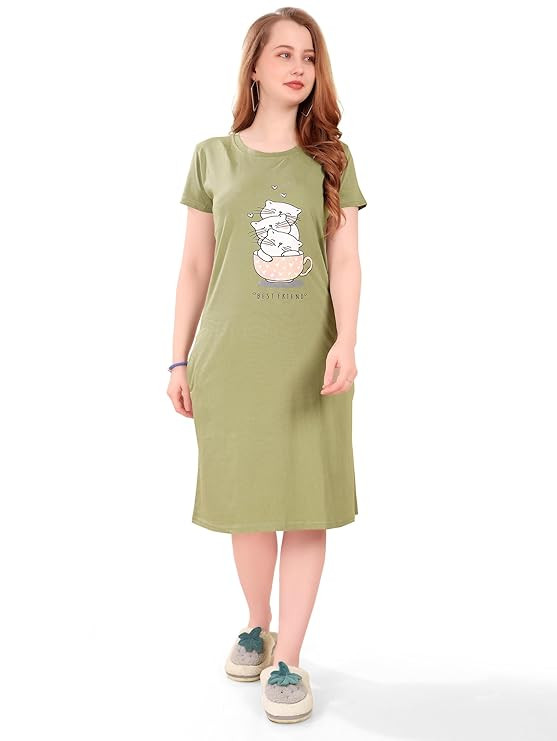 Printed Knee Length Pocket Night Dresses for Women | Cat Lovers | Premium Soft Cotton Nighty | Sky Blue