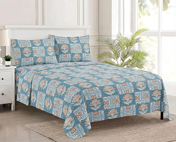 Trance Home Linen 100% Cotton 144TC Bedsheet | Queen Size Printed Flat Bedsheet with 2 Pillow Covers (Queen 86x104 inch, Ajrak Blue)