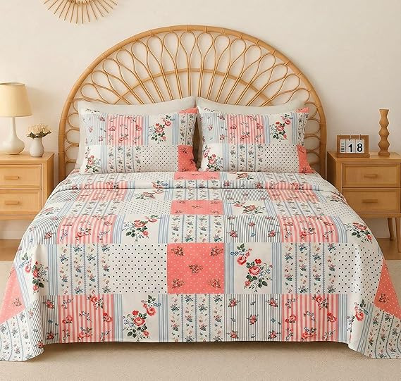 VAS COLLECTIONS Cloud Cotton Double Bedsheet 180 TC | Soft & Breathable Cotton Bedding Set with 2 Pillow Covers | Elegant Floral Printed Bed Sheet for Bedroom & Home | 90x90 Inches (Pastel Patchwork)