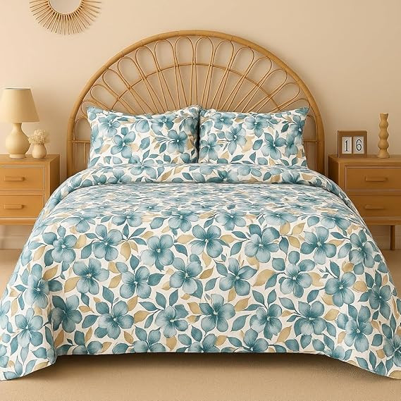 BSB HOME 100% Cotton CloudTouch Double Bed Bedsheet Set | 144 TC Soft & Breathable | Mint Green Floral & Beige Leaves with 2 Pillow Covers | Wrinkle Free | for Bedroom (90 x 90 Inches)